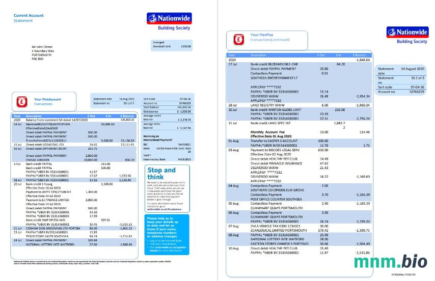 United Kingdom Nationwide wyciąg bankowy current version template, 2 stronas